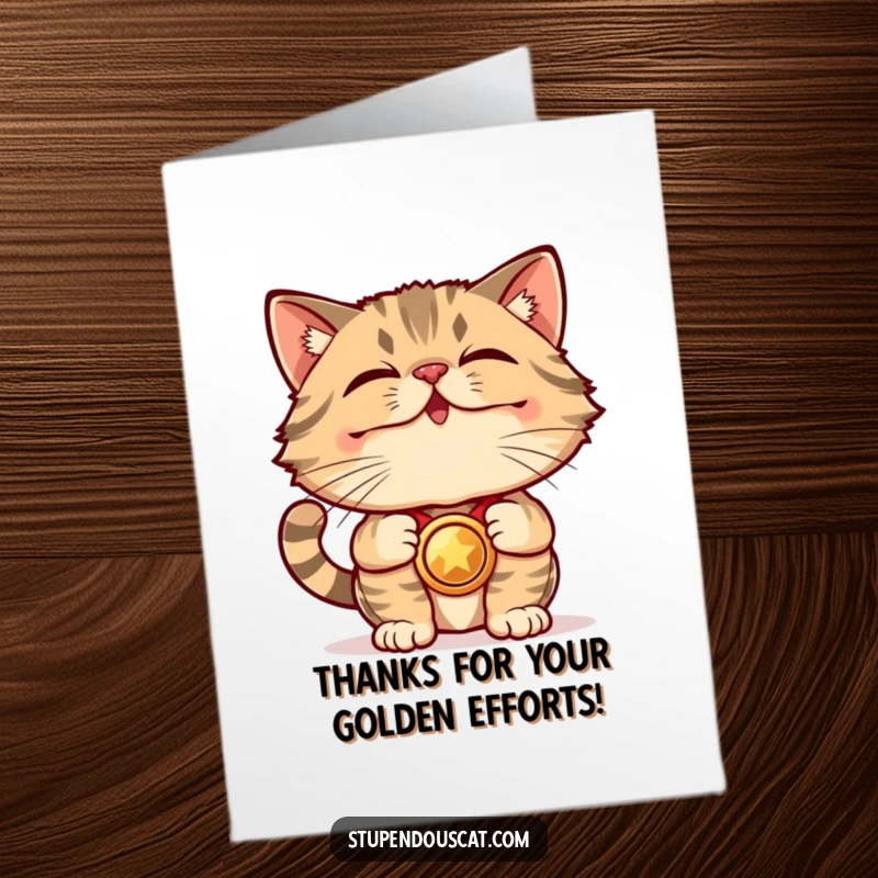 Funny Free Printable Thank You Card: A cat proudly wears a gleaming medal, a symbol of thanks, ready to download and print.