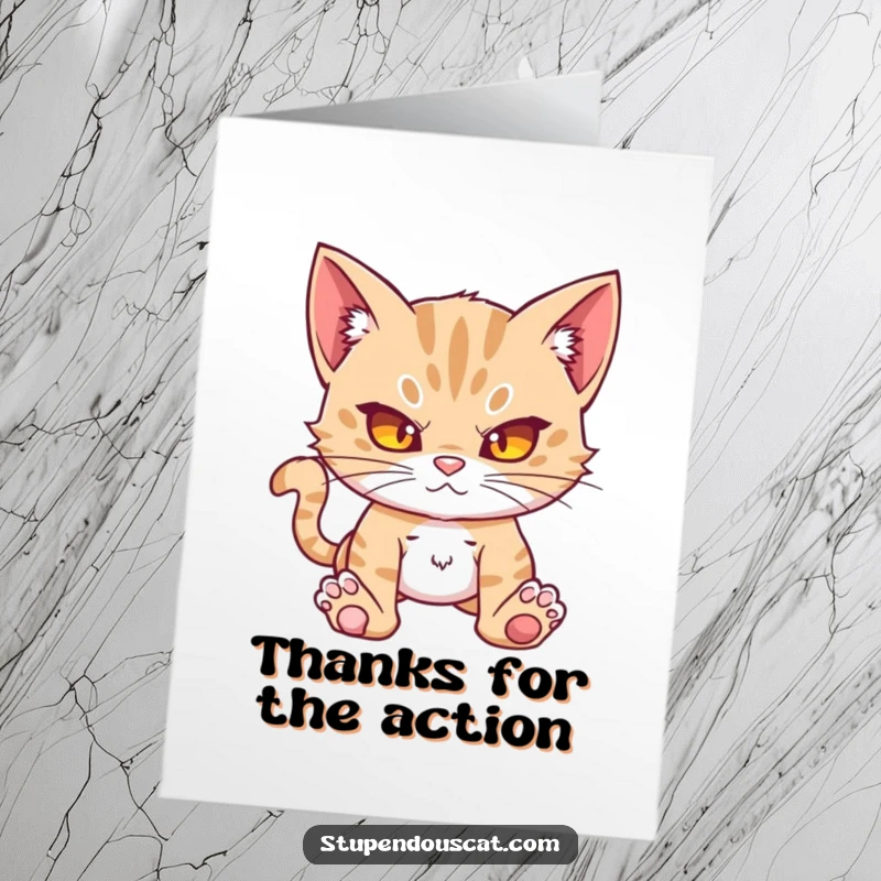 Funny Free Printable Thank You Card: A formidable cat cub ready for action, expressing thanks with fierce, yet friendly, determination.