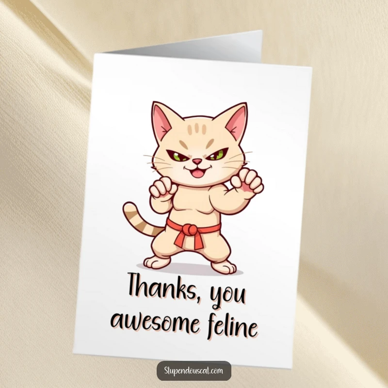 Funny free printable thank you card depicting a cat in a striking martial arts pose with a playful smirk.
