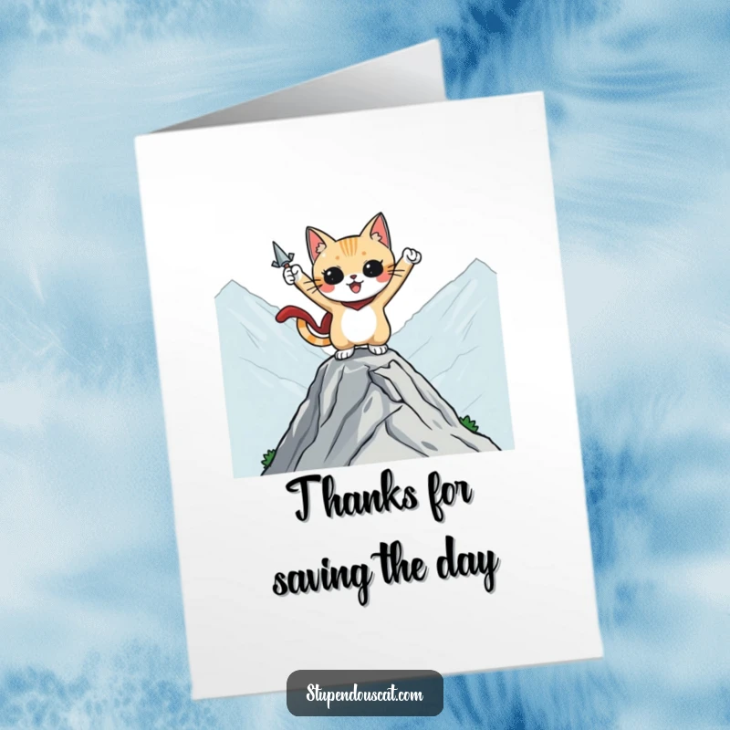 Funny Free Printable Thank You Card depicting a cat character in a heroic pose on a mountaintop, showing epic gratitude.