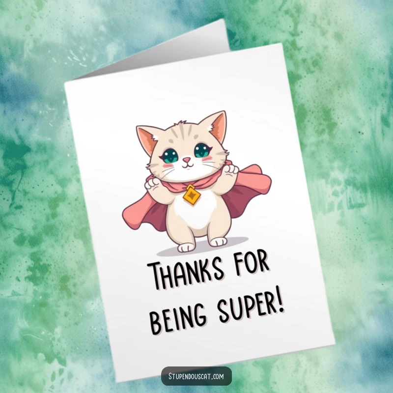 Funny Free Printable Thank You Card: A magnificent cat hero unfurls a majestic cape, showing awesome gratitude. Hilarious downloadable card.