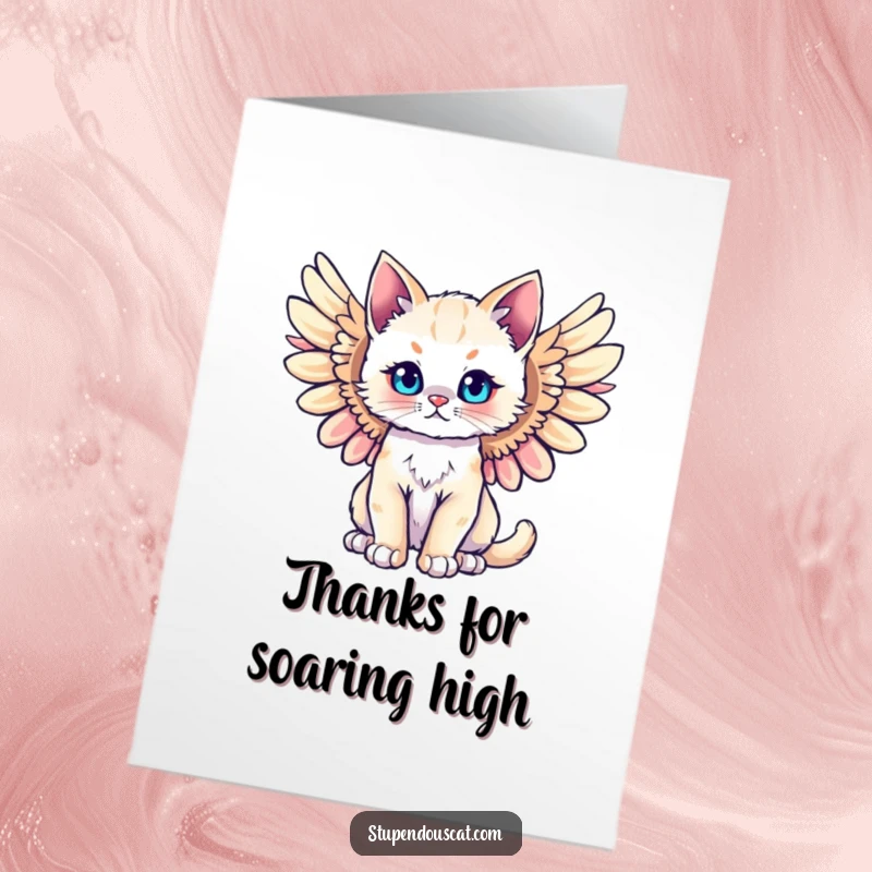 Funny Free Printable Thank You Card: Majestic cat cub with wings spread wide, conveying heartfelt thanks with divine elegance.