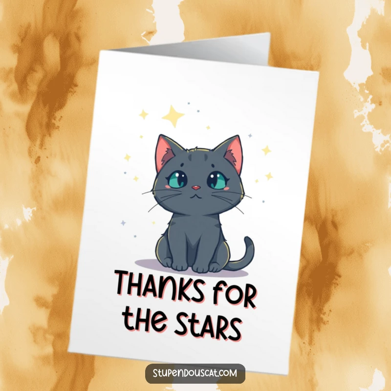 Funny Free Printable Thank You Card: A mysterious cat gazes at a starry night sky, full of wonder. Charming downloadable greeting.