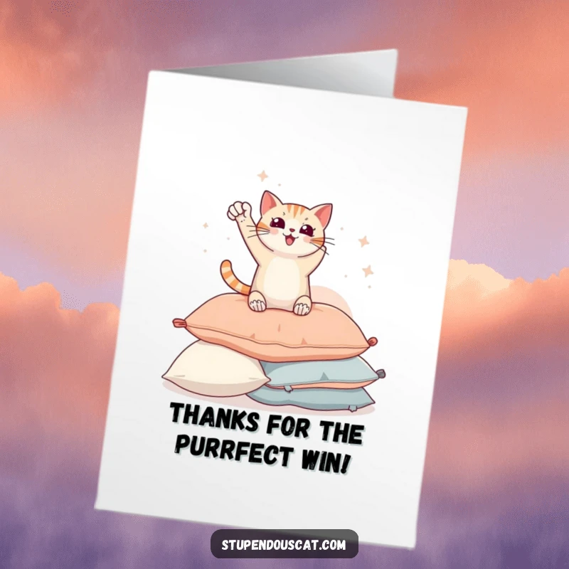 Funny Free Printable thank you card depicting a triumphant cat posing regally on a stack of pillows. A noble downloadable gift.