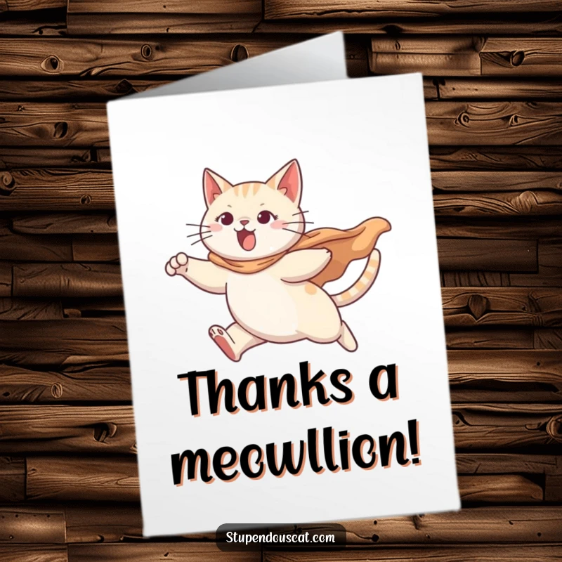 Funny free printable thank you card with a determined cat in a cape leaping forward, celebrating your gratitude.
