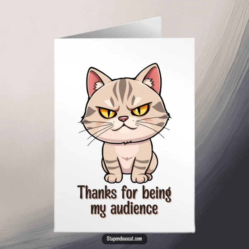 Funny Free Printable Thank You Card: A smug cat with twinkling eyes strikes a dramatic pose, conveying thanks.