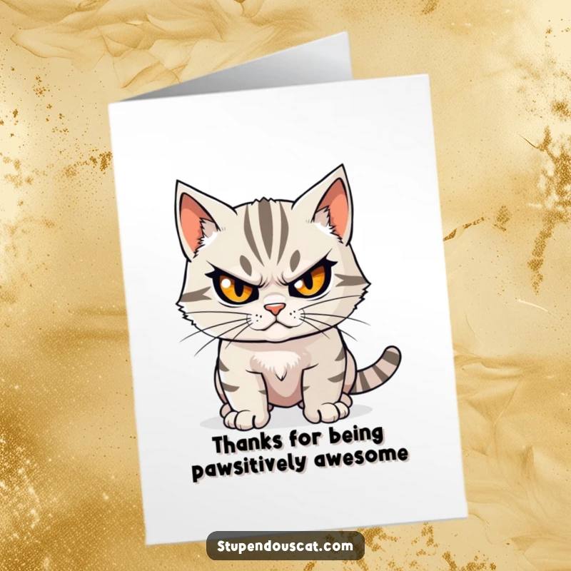Funny Free Printable Thank You Card: A cat with unwavering resolve, ready to express thanks with focus.