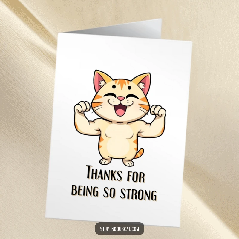 Funny Free Printable Thank You Card depicting a cat character flexing its muscles with a proud grin, showing mighty gratitude.