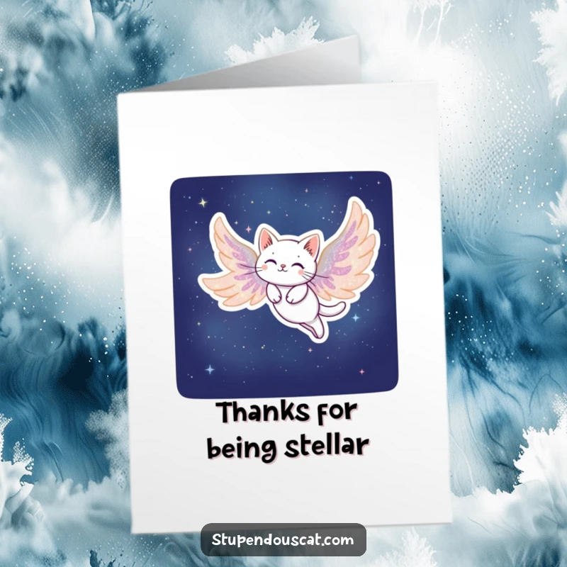 Funny Free Printable Thank You Card: Cat with wings made of stardust soaring gracefully through the night, expressing thanks. Downloadable and ethereal.
