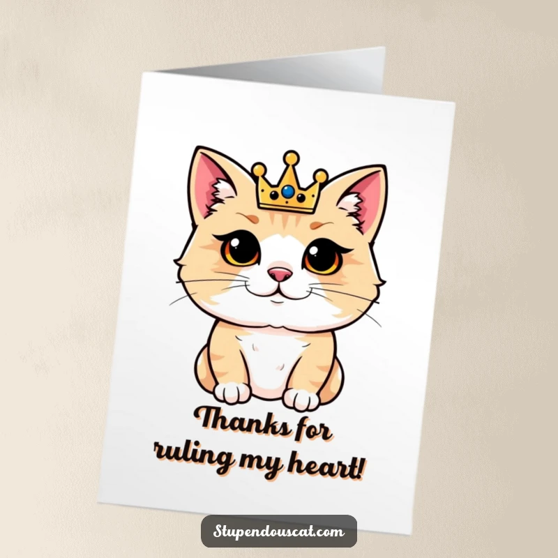 Funny Free Printable Thank You Card: Regal cat with a tiny crown sits pleased, bestowing royal thanks. A downloadable gift.