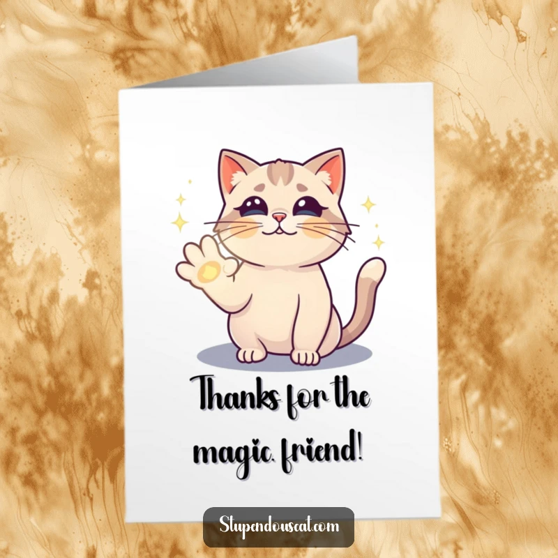 Funny Free Printable thank you card showing a magical cat performing a sparkling spell with its paw. A charming downloadable gift.