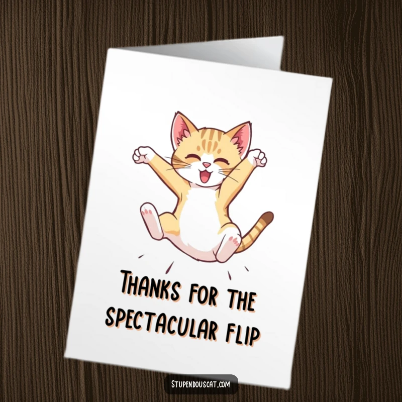 Funny Free Printable Thank You Card: Dynamic cat cub in a spectacular mid-air flip. A downloadable gift.