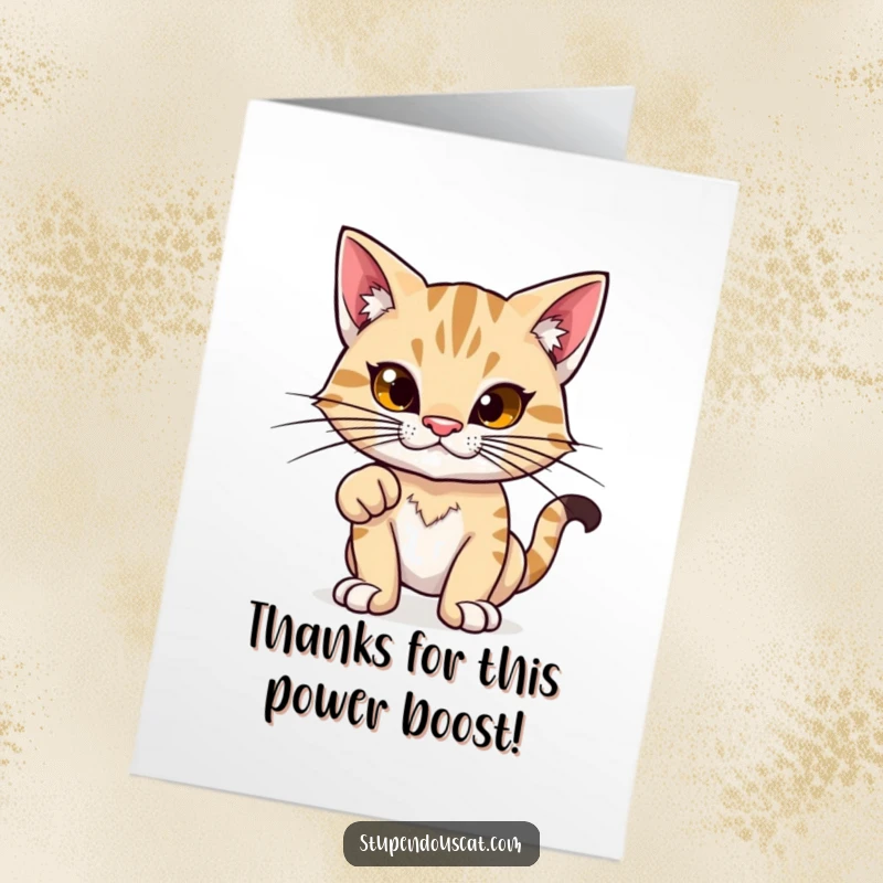 Funny Free Printable Thank You Card: A cat with exaggerated whiskers stands in a proud power stance, expressing thanks.