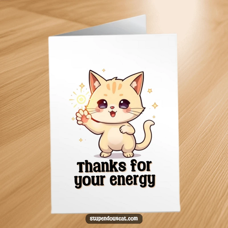Funny Free Printable Thank You Card: Powerful cat conjuring a sparkling orb of energy to express sincere thanks.