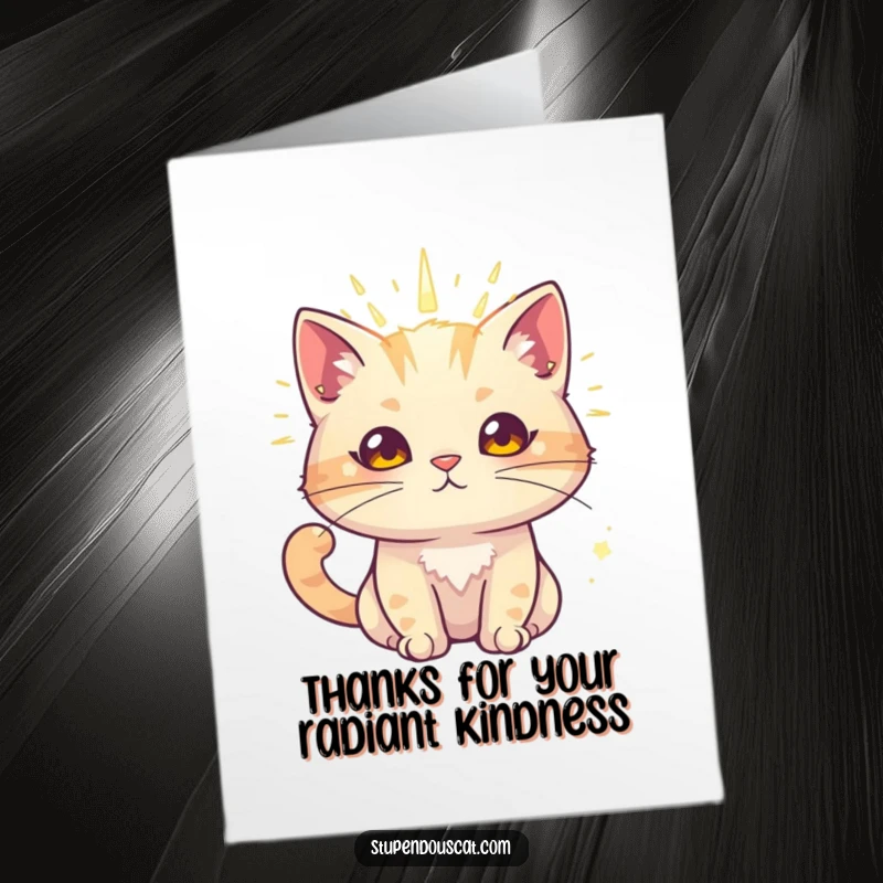 Funny free printable thank you card of a cat with a radiant aura, exuding charm, a perfect DIY gift.
