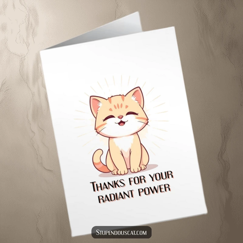 Funny Free Printable Thank You Card: Powerful cat cub radiating a brilliant, glowing aura. A downloadable gift.
