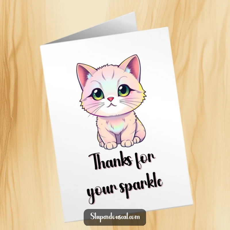 Funny Free Printable Thank You Card: A beautiful cat with iridescent fur emitting a soft shimmer, expressing thanks with elegant grace.