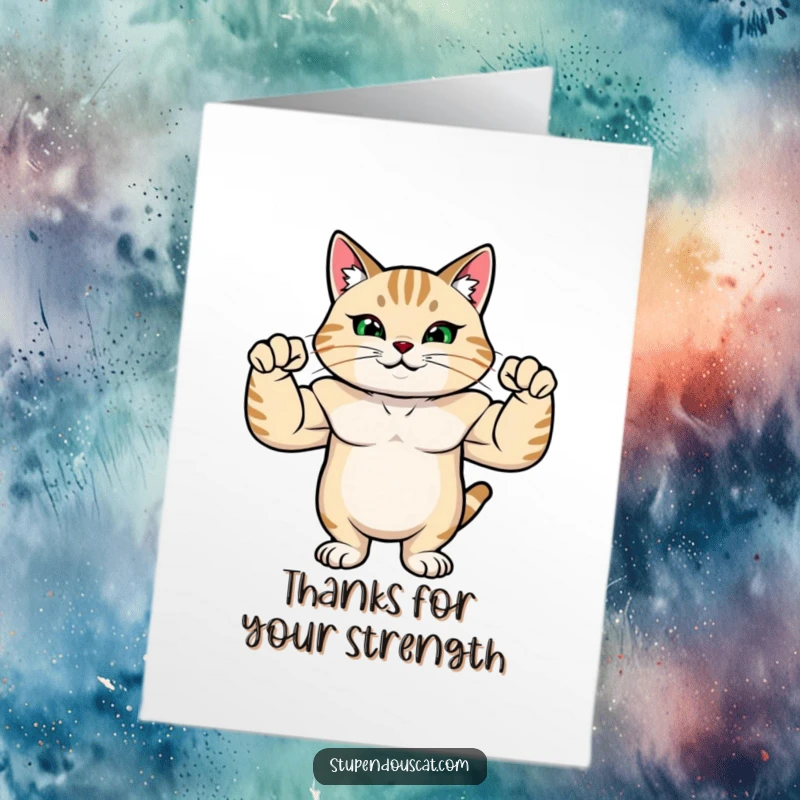 Funny Free Printable Thank You Card: A proud, strong cat flexing its muscles, sending powerful thanks.