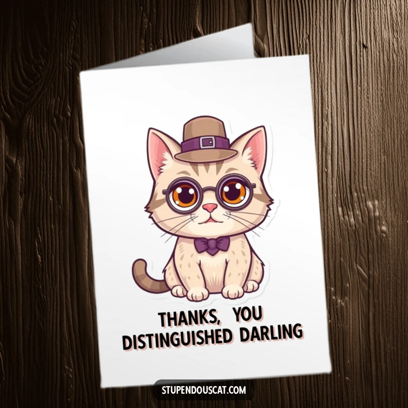 Funny Free Printable Thank You Card: A distinguished cat wearing a tiny monocle and top hat, offering refined thanks.