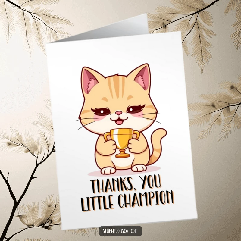 Funny free printable thank you card with a pleased cat clutching a small trophy, looking smugly accomplished.