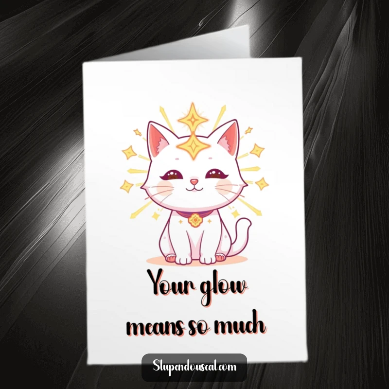 Funny Free Printable Thank You Card: Radiant cat with glowing celestial symbols, conveying warm gratitude.