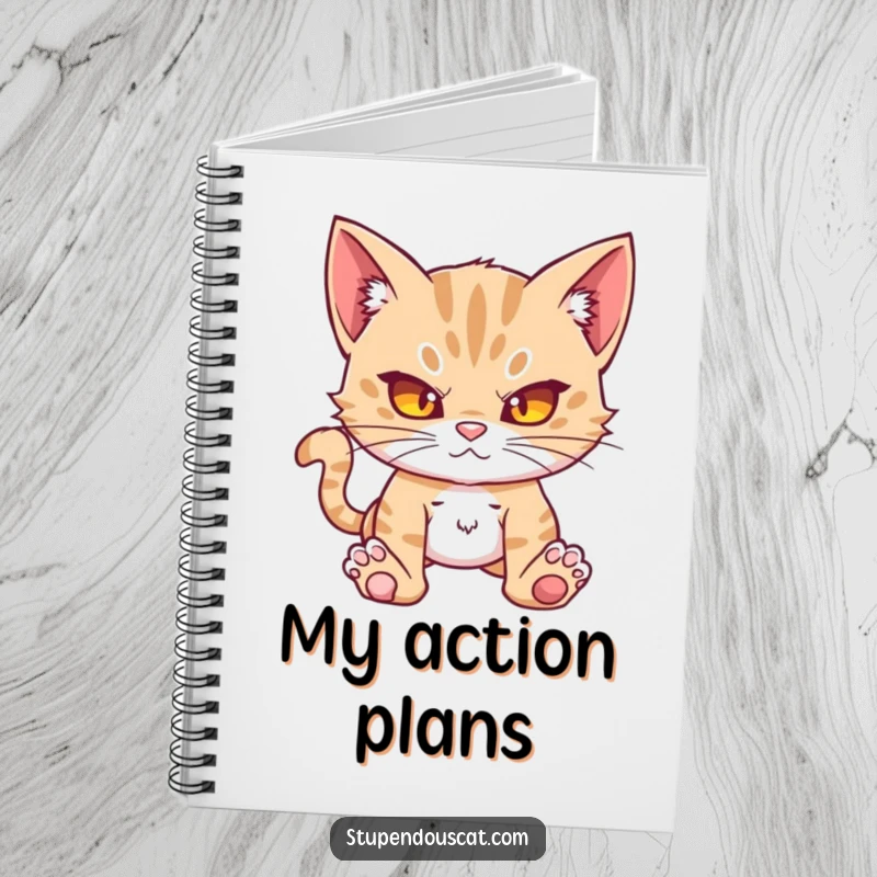 Funny action cat cub notebook, ready for action, perfect for jotting down plans with a humorous, determined flair.