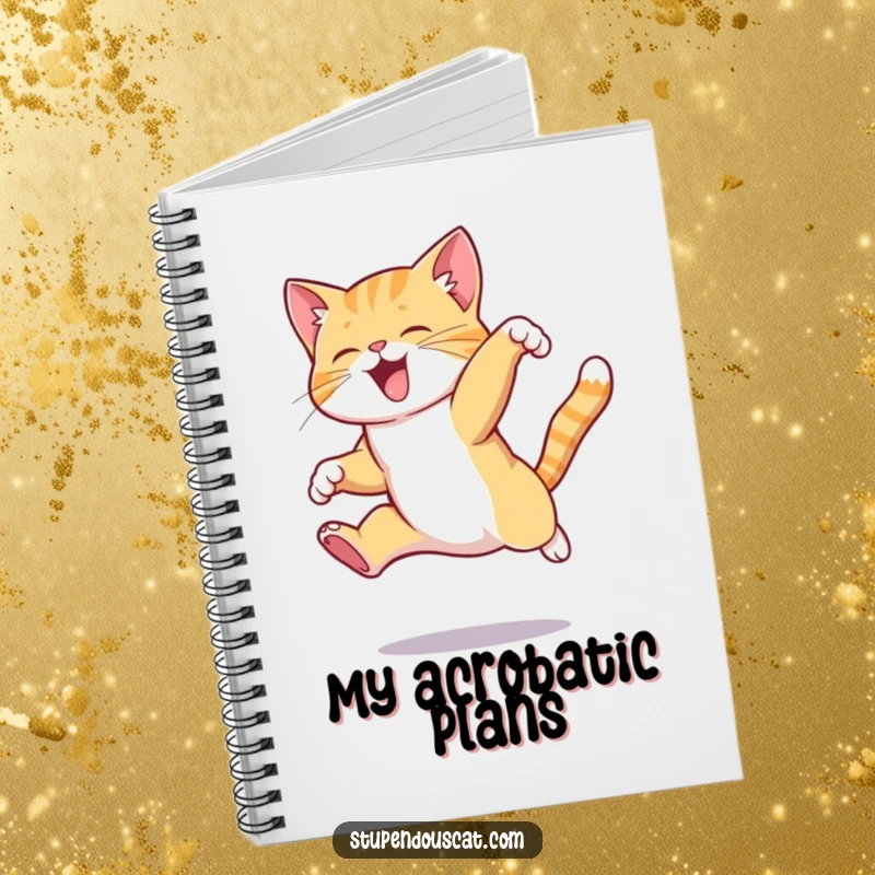 Funny cat notebook cover featuring a cat mid-air in an elegant, complex jump, great for notes and ideas.