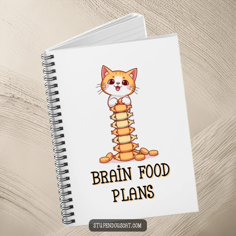 Funny Notebook: A cat balances a towering stack of fish treats, inspiring users to jot down their most focused thoughts.
