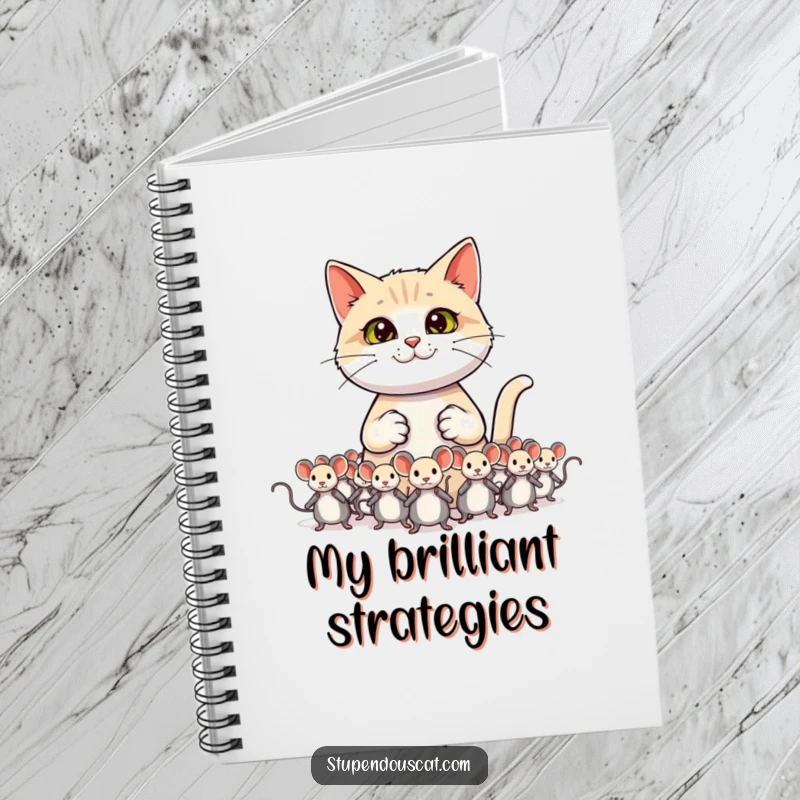 Funny cat notebook depicting a confident cat general commanding an army of toy mice.
