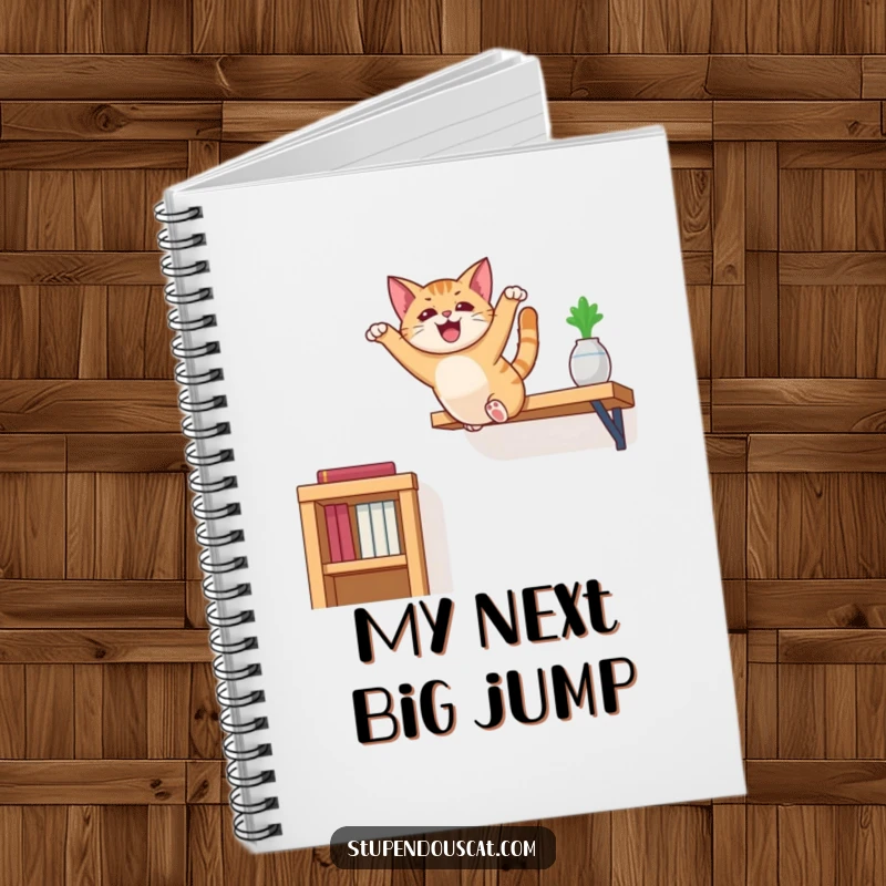 Funny cat notebook with a design of a cat executing a daring, high-energy leap from a shelf, inspiring creativity.