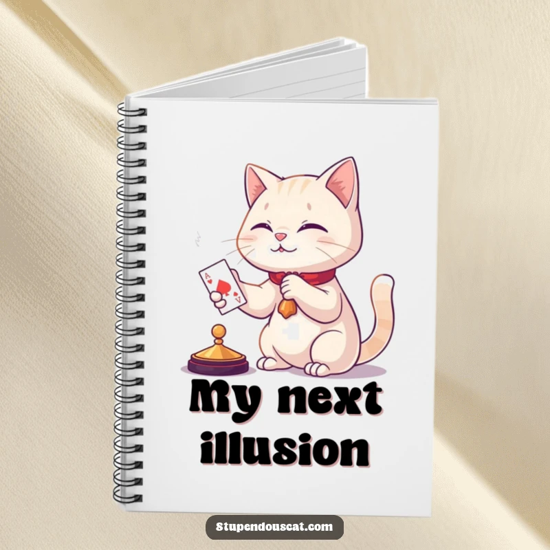 Funny cat magic notebook, a clever cat making a playing card appear, inspiring users to jot down their own magical ideas and plans.