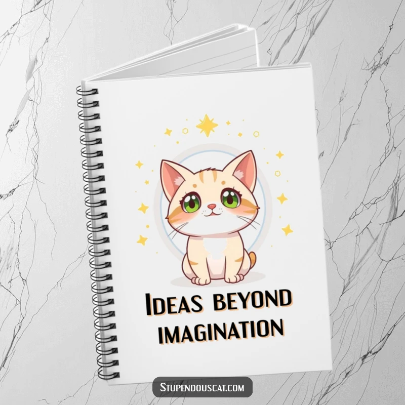 Funny cat notebook depicting a cat with wide eyes watching a magical portal open.