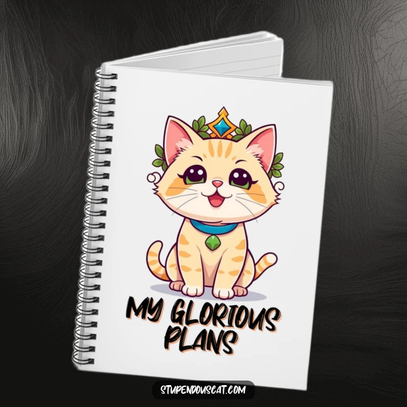 Funny champion cat in a laurel wreath, basking in triumphant glory, with a notebook, ready to write.