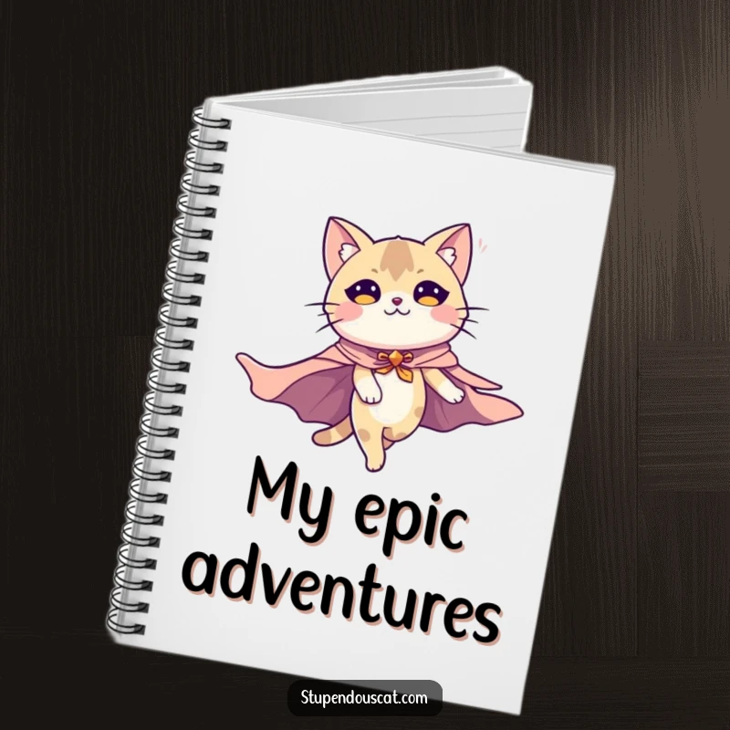 Funny notebook with a majestic cat character wearing a cape, flying high. Ideal for jotting down heroic ideas or daily thoughts.