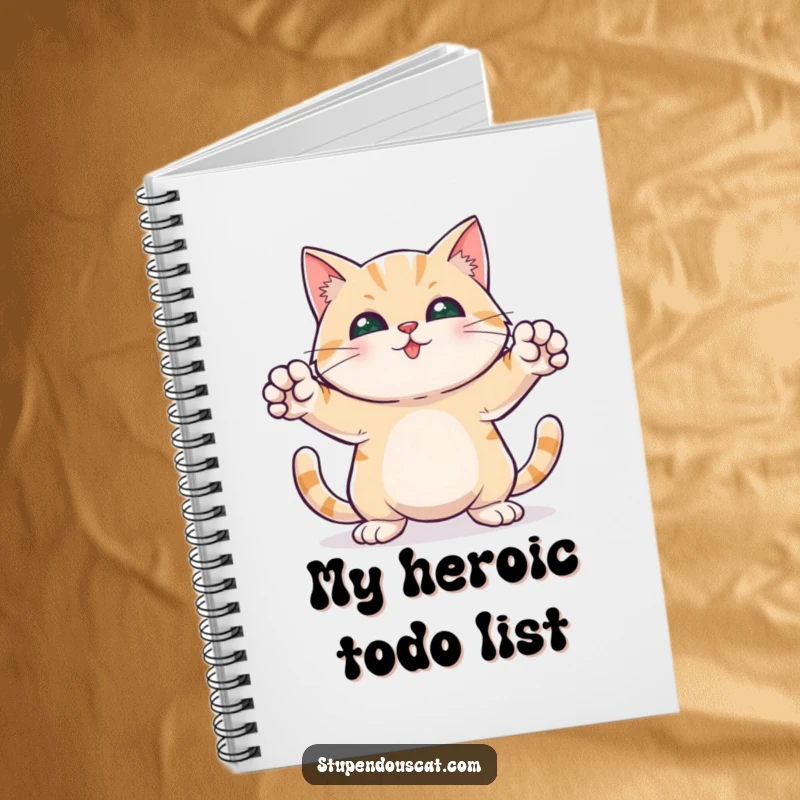 Funny notebook featuring a heroic cat in a pose with front paws outstretched, ready to capture great ideas.