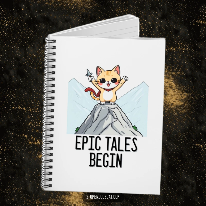 Funny notebook depicting a heroic cat character striking a pose on a mountaintop, perfect for journaling adventures.