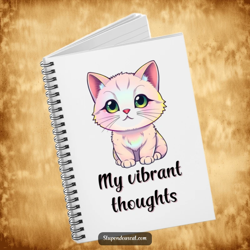 Funny iridescent cat notebook, featuring a cat with fur that shimmers with a spectrum of colors, inspiring users to jot down their vibrant thoughts.