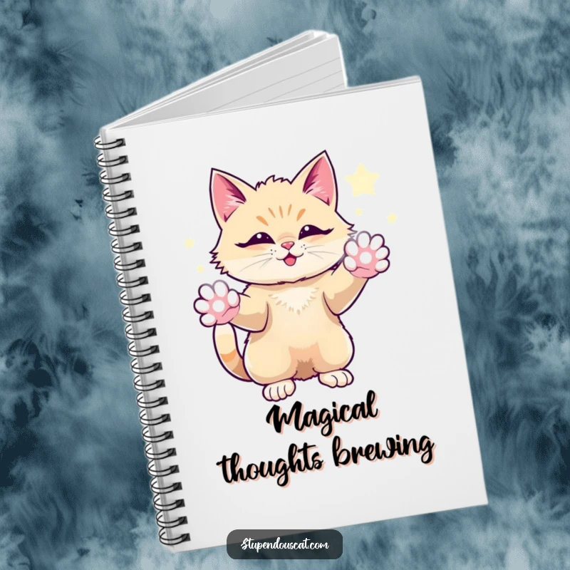 Funny notebook cover featuring a magical cat conjuring sparkling energy from its paws, looking awe-inspiring.