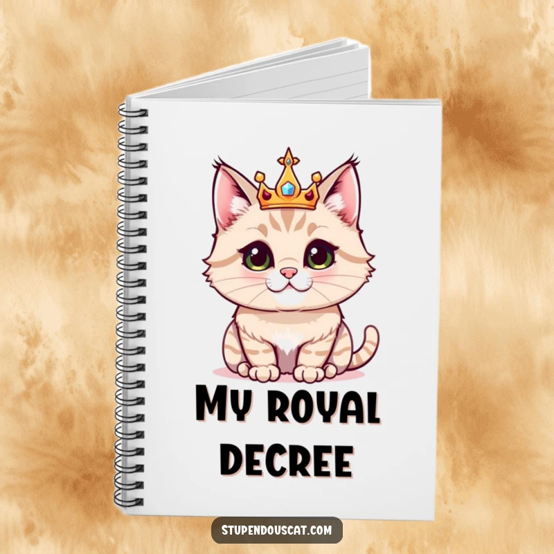 Funny notebook with a majestic cat wearing a small, sparkling crown, ideal for capturing thoughts with regal humor.