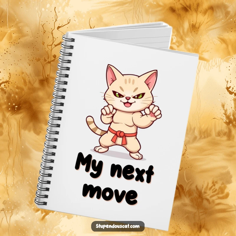 Funny martial arts cat notebook cover with a smirk, dynamic pose, ideal for journaling and note-taking.
