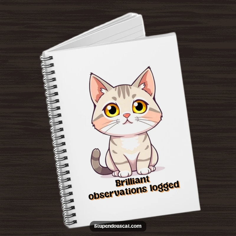 Funny notebook featuring a cat with glowing eyes confidently surveying its surroundings, ideal for journaling with mystical humor, a great gift.
