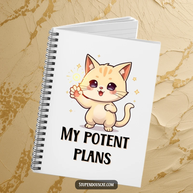 Funny Notebook with a powerful cat conjuring a sparkling orb of energy, perfect for recording spells and magical ideas.