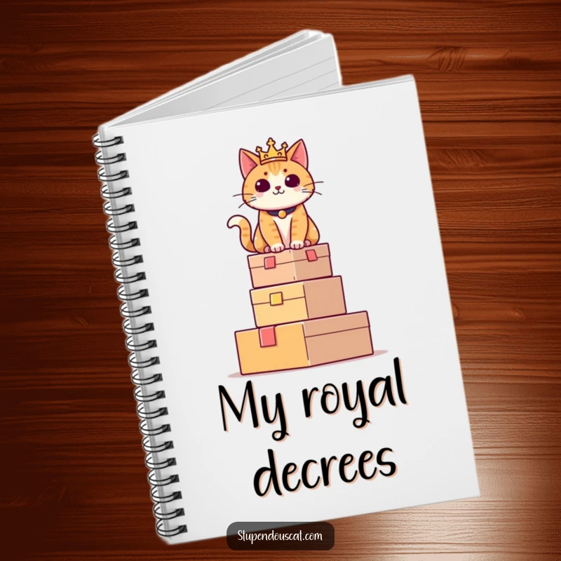 Funny notebook featuring a regal cat sitting proudly atop a tower of boxes, inspiring thoughts of command and control.