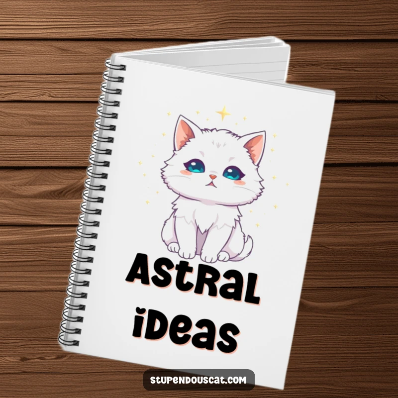 Funny white cat notebook, majestic with a halo of shimmering stardust, ideal for jotting down stellar thoughts.