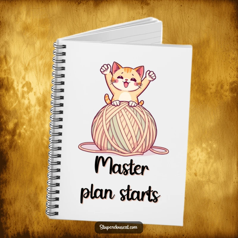 Funny notebook featuring a cat in a triumphant pose on a giant ball of yarn, ideal for journaling with playful humor, a great gift.