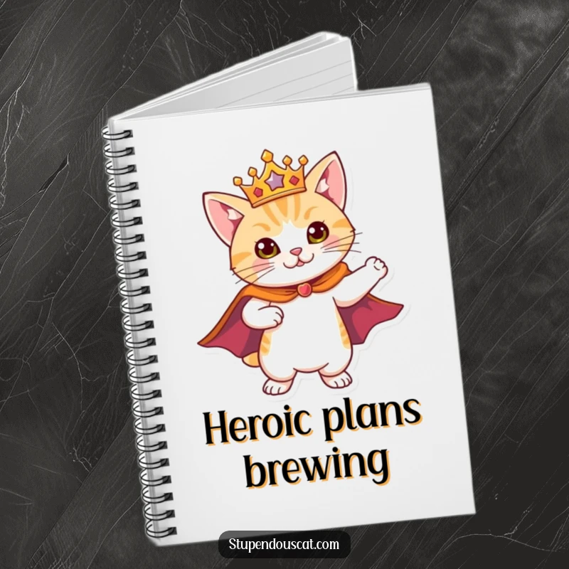 Funny Notebook with a heroic cat wearing a cape and crown, striking a pose, ideal for jotting down plans and ideas.