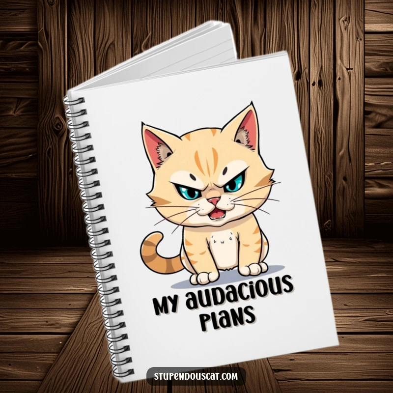 Funny fearless cat notebook cover featuring a cat with unwavering resolve, ready to document stupendous plans and brave ideas.