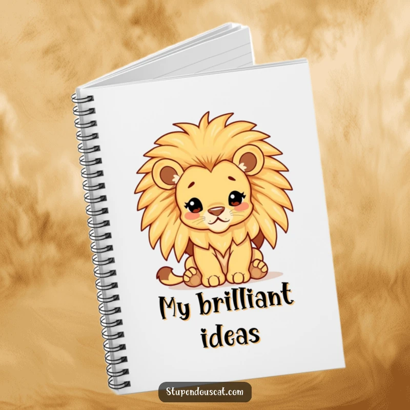 Funny lion cub notebook, a majestic cub with a comically large, shimmering mane, perfect for jotting down great ideas.