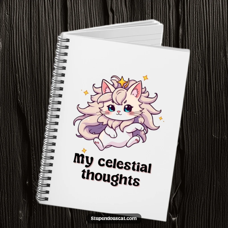 Funny Notebook with a majestic cat and flowing starry mane leaping, perfect for capturing cosmic thoughts and creative ideas.