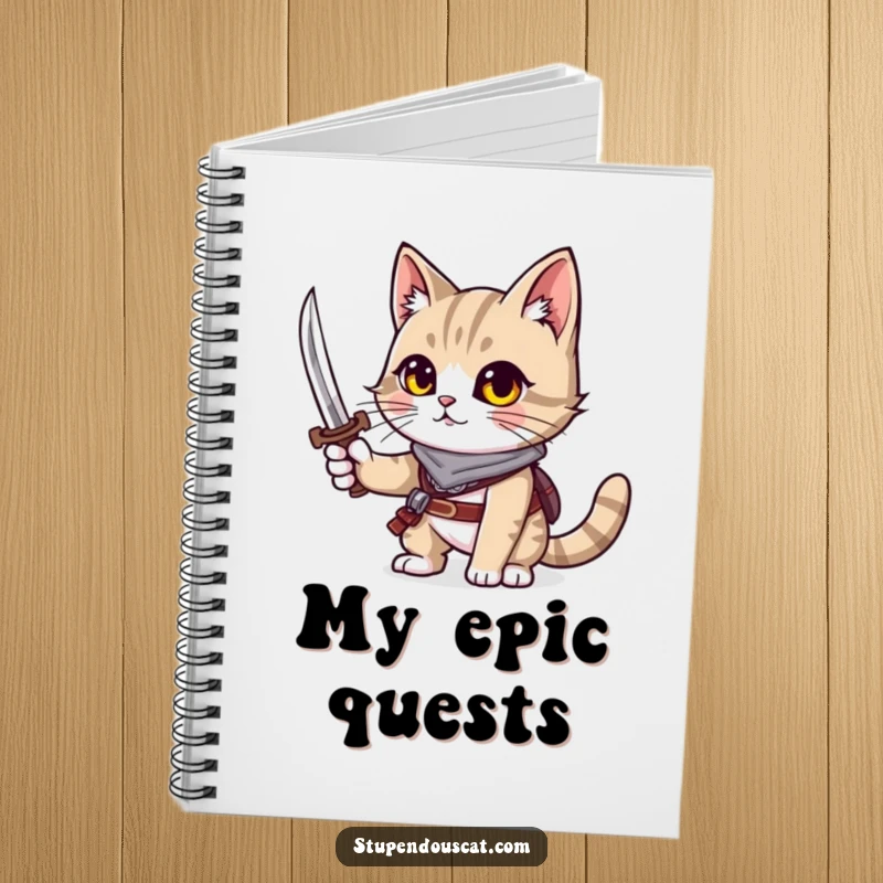 Funny cat notebook depicting a cat with an adventurous spirit, holding a tiny sword.